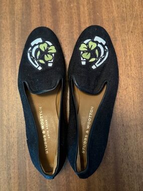 Stubbs & Wootton Black Embroidered Good Luck Loafers, Size 8